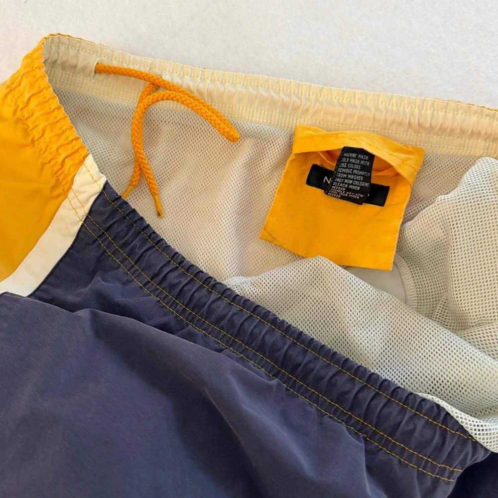Nautica Y2K Mens Medium Swim Trunks Yellow Navy Blue Colorblock Mesh Liner‎